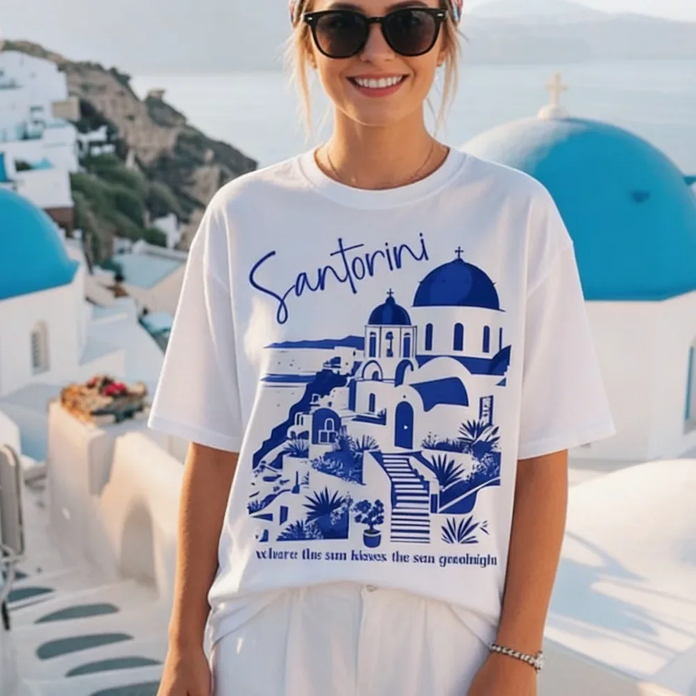 Santorini Shirt Greece Vacation TShirt Coastal Granddaughter Old Money Aesthetic Shirt Girls Trip Mediterranean Tee