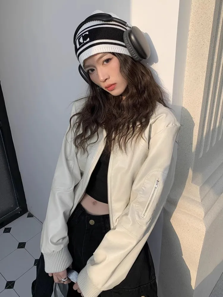 Retro americano ort Jaet Design ampio da donna Senso Piccolo ence Cappotto in pelle da motociclista Stagione autunnale Materiale PU