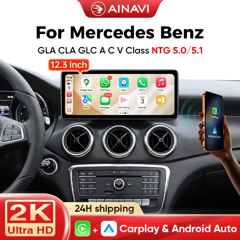 AINAVI Schermo Multimediale da 12,3/10,25 Pollici per Mercedes Benz GLA CLA GLC Classe ACV 2015-2019 NTG5.0 5.1 con CarPlay Wireless e Android Auto, Stereo Auto Linux, Lettore Multimediale,