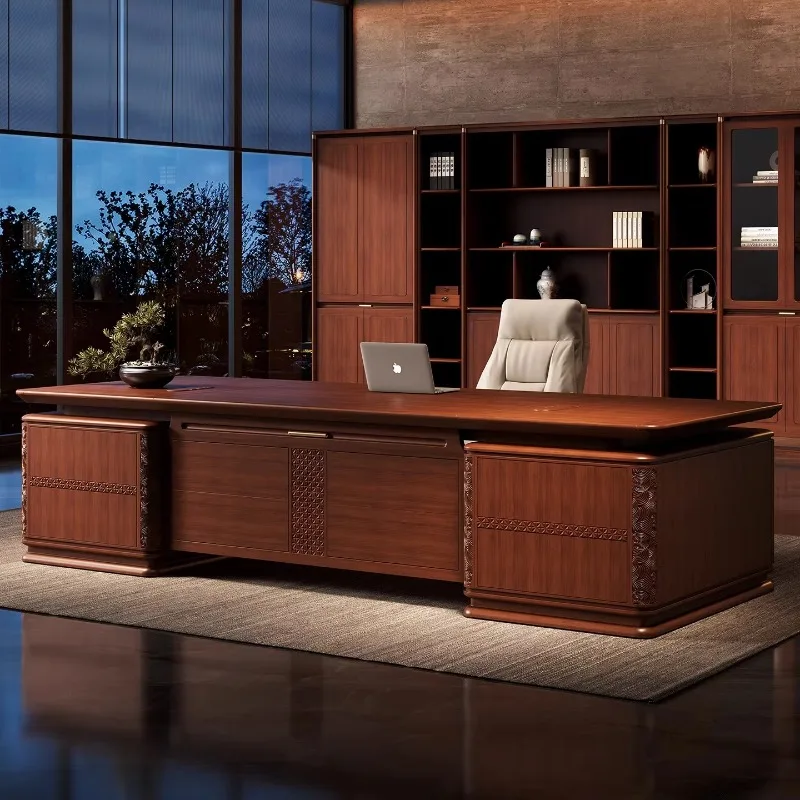 Luxury Mahogany Panel Office Furniture Set Modular Extendable Boss Desk Executive Chair Convertible File Cabinet Modern Home