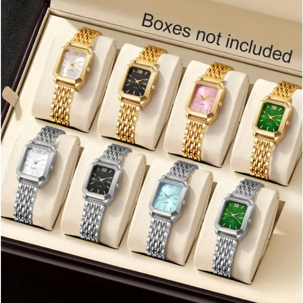 Vintage Square Stainless Steel Watch Set for Women, 8 Colors Available, Gold & Silver Two-Tone Fashion Wristwatch