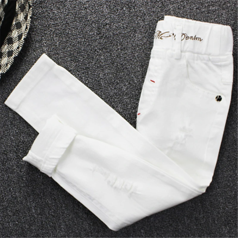 Spring & Autumn Boys White Jeans For Girls 2023 Korean Version Fashion Slim Elastic Waist Trousers Hole Casual Children\'s Pants