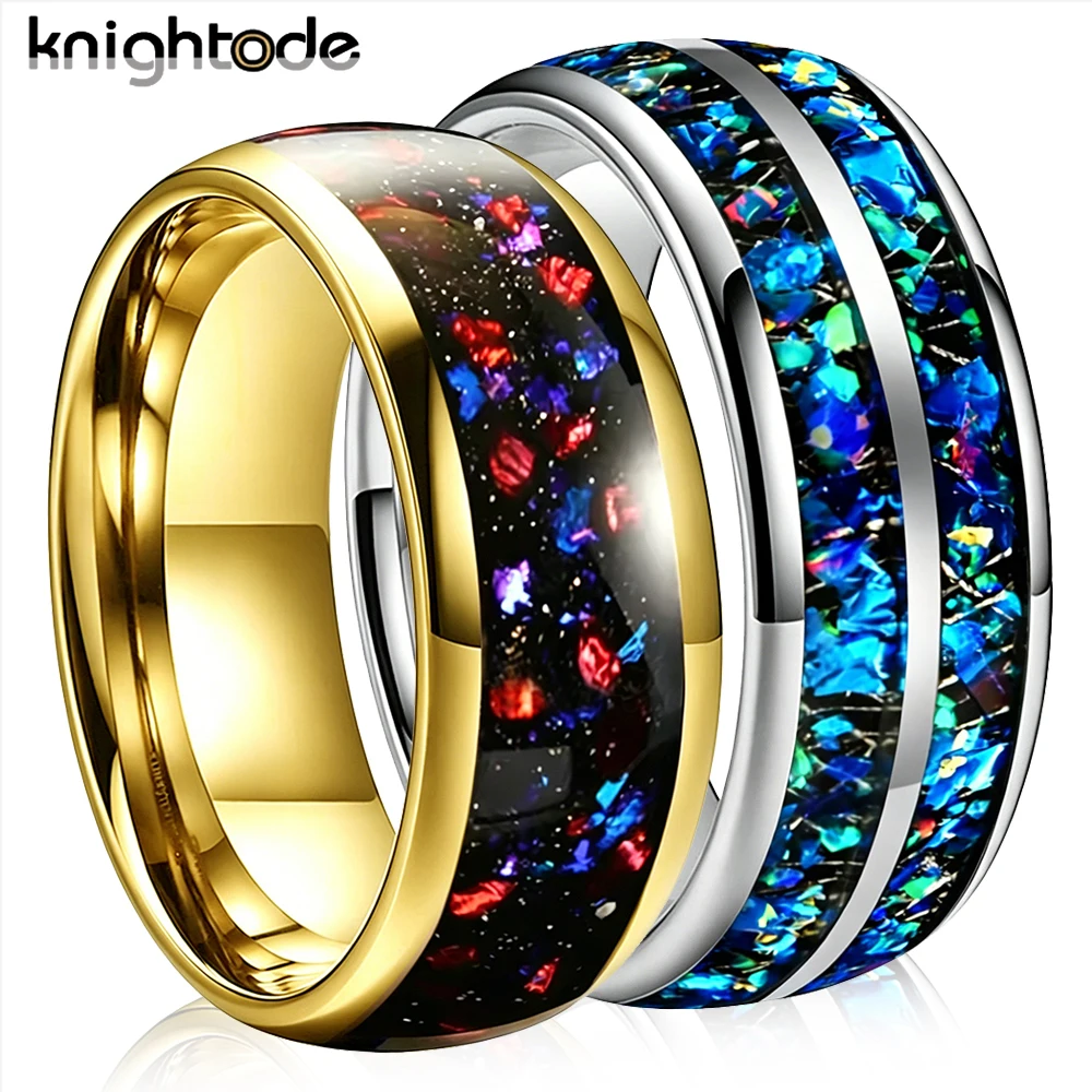 

6mm 8mm Domed Engagement Promise Wedding Band for Men Women Blue Green Opal Chip/Purple Agate Stone Inlay Tungsten Carbide Ring