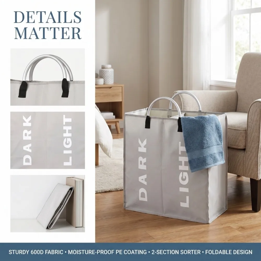 PE coated Oxford fabric Laundry Bag Aluminum alloy handle Light gray color Dirty Clothes Basket Foldable design