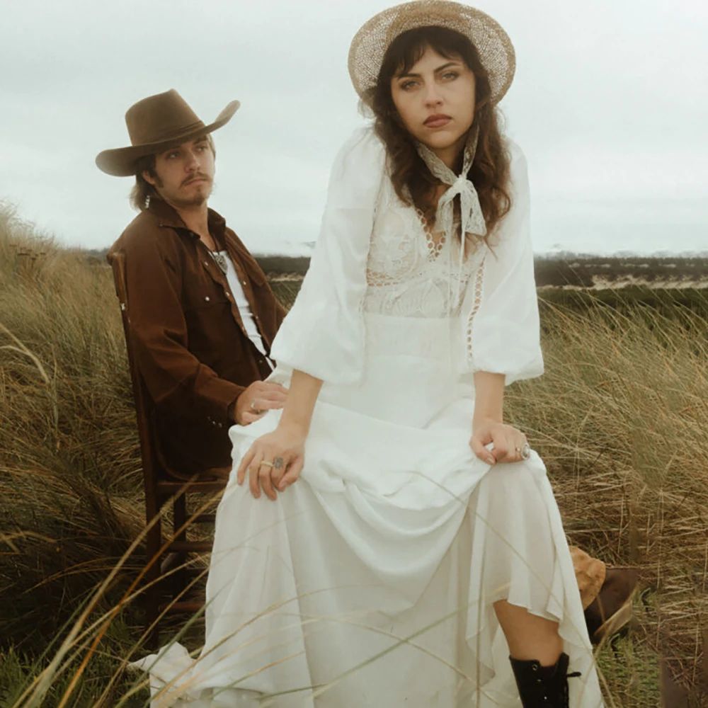 Vestidos de novia personalizados con recorte bohemio, gasa, línea A, encaje, cuello en V, bosque, ligero, mangas largas de obispo, vestido de novia