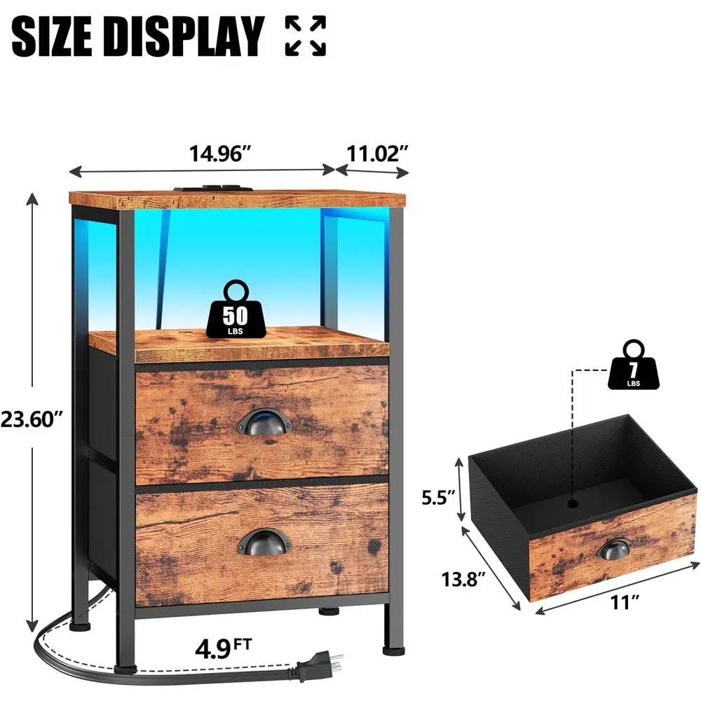 زوج من طاولات النوم البنية الريفية مع محطات شحن، وأضواء LED، وأدراج قماشية وأرفف لغرفة النوم/غرفة المعيشة #3