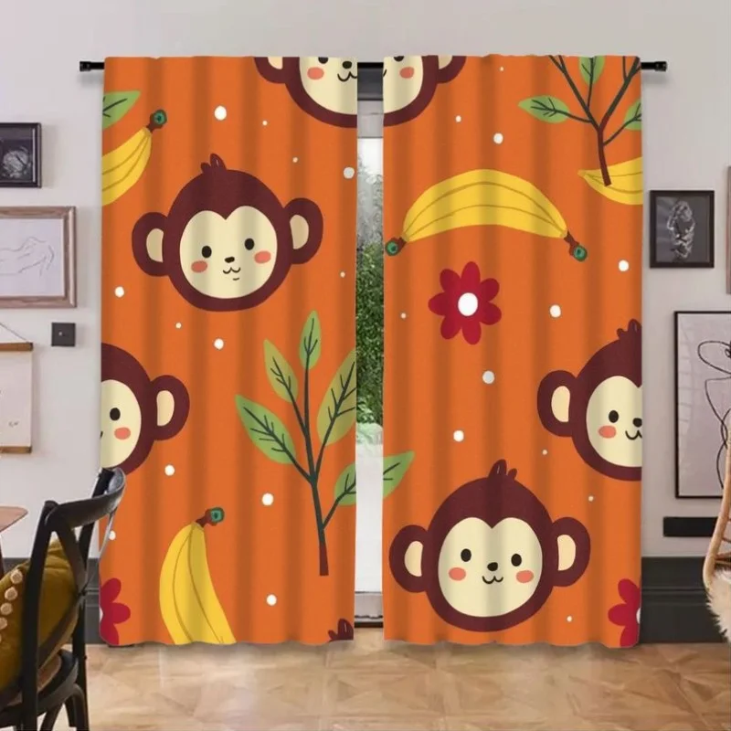 Orange monkey banana green leaf flower printed curtains, with a pole bag design, suitable for bedrooms, living rooms and offices