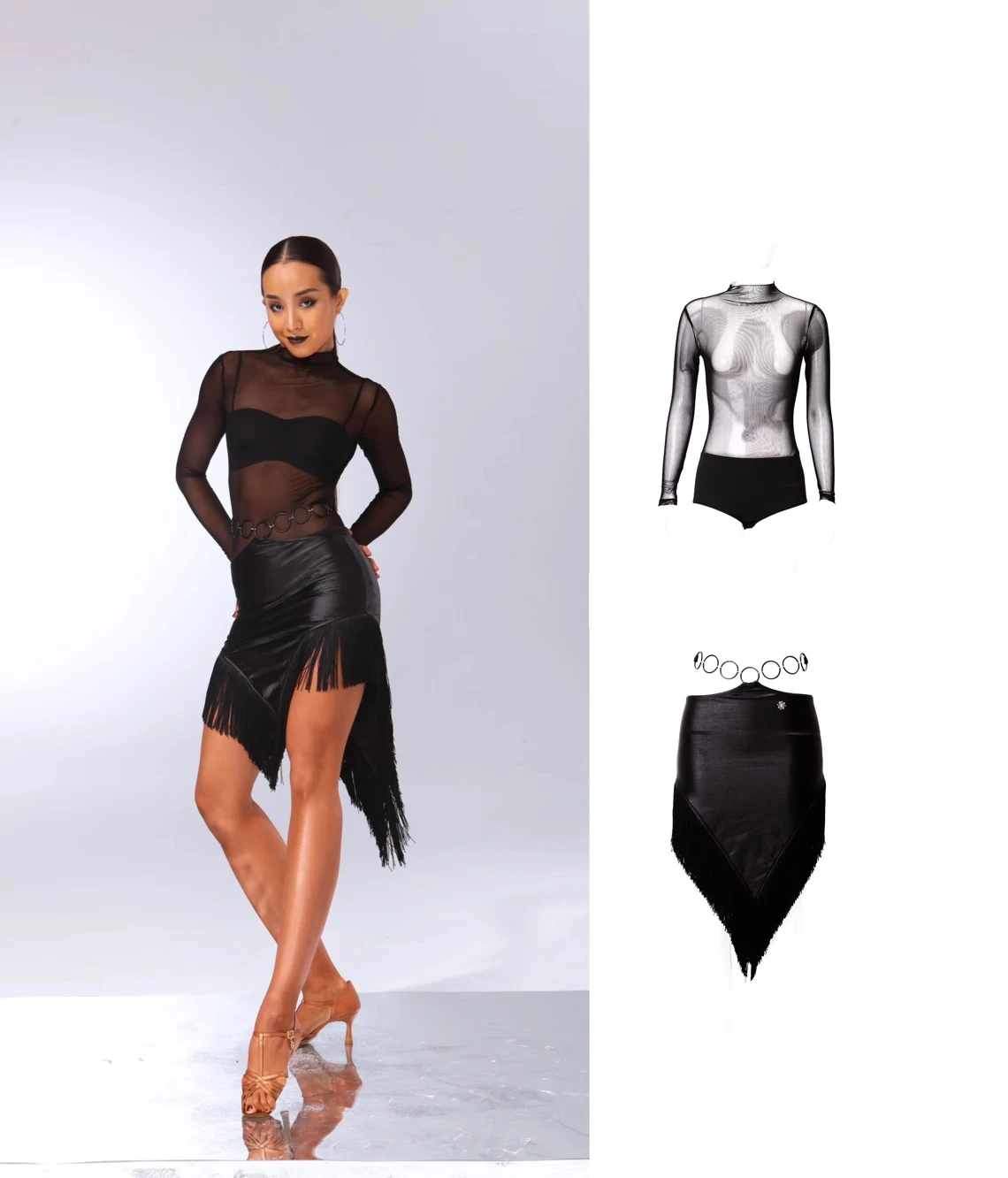 

Latin Dance Stage Mesh High Neck Long Sleeved Circular Ring Triangle Faux Leather Tassel Half Skirt Rumba Standard Dress Set