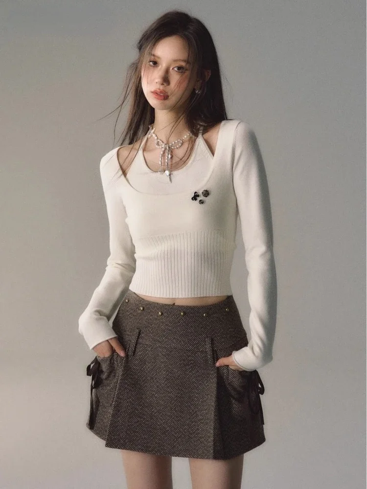 Women Slim Y2k Aesthetic Fake Two Pieces Halter Pullovers Vintage Grunge Casual Button Jumpers Solid Simple Ins Cropped Sweaters