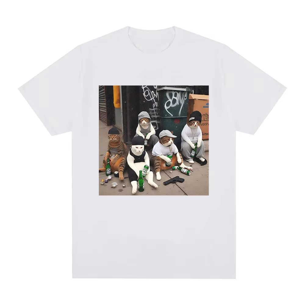 Cat Gang Meme Pattern T-shirt Fashion Retro Short Sleeve T-shirt High Quality Men's Shirt Women's Y2k T-shirt