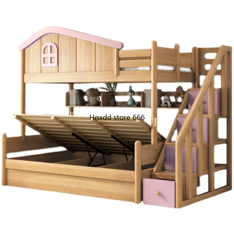 All solid wood children's mother and child bed high box log multi-functional combination