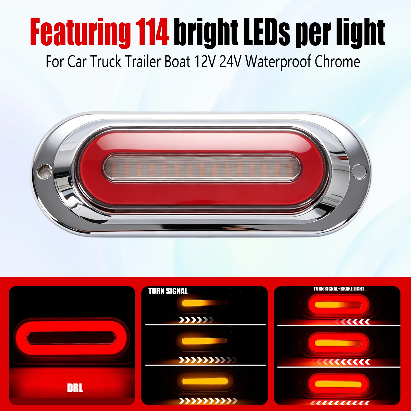 2PCS 12V-24V Smoked Lens Oval Chrome Trailer Boat Halo Reverse Back up Stop Turn Tail Turn Signal Lights Waterproof for Truck RV