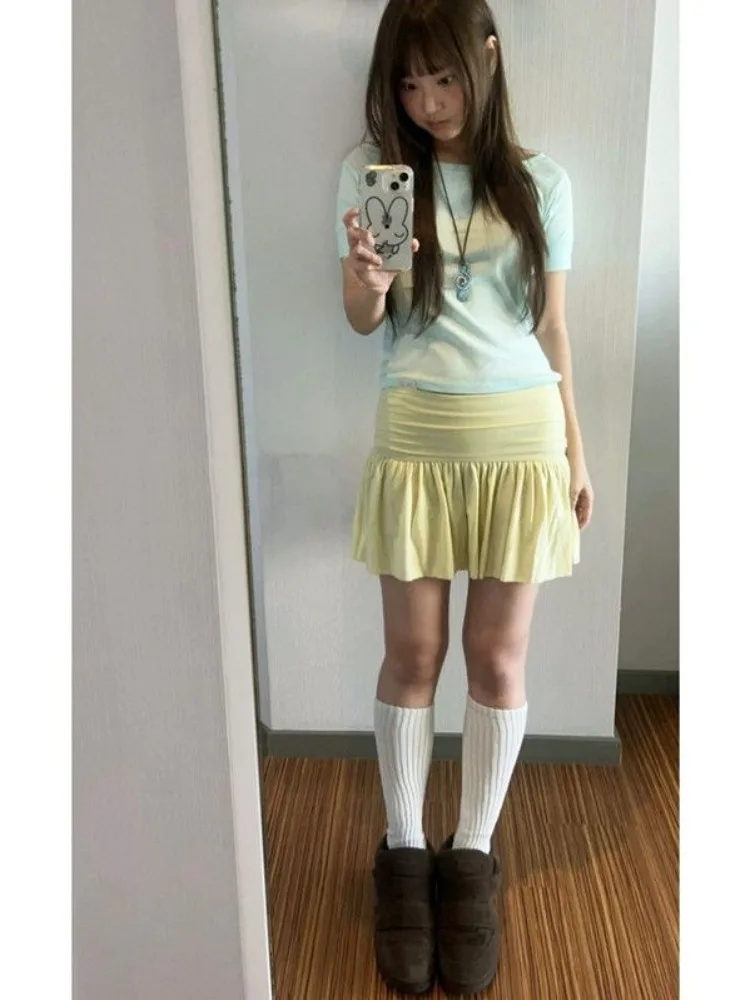 Korean Style A-line Skirt With Pleats Waist Design Women Harajuku Y2k Short Skirt Gray Mini Skirts Japanese Fashion