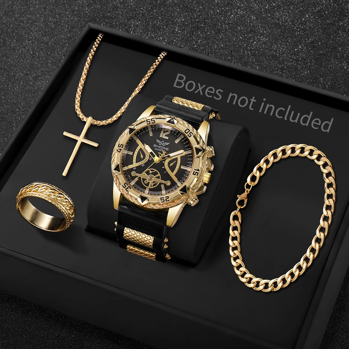 4PCS/Set Fashion Silicone Strap Men Quartz Wristwatch Male Arabic Dial Watch With Jewelry Set Reloj Hombre (Without Box)