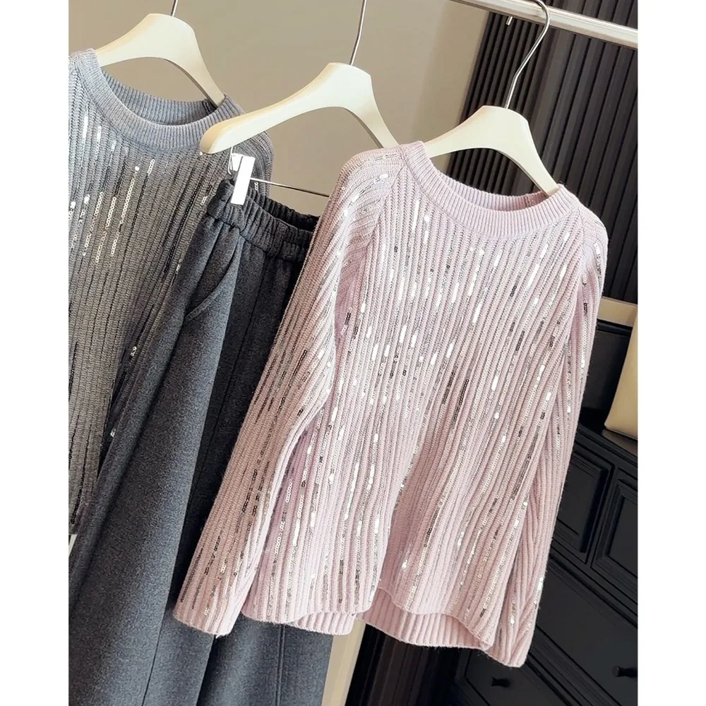 

Sequined Knitted Sweater Women'S Autumn Spring 2026 O Neck Loose Long Sleeve Pullover Top Jumper Knitwear Korean Y2K Streetwear