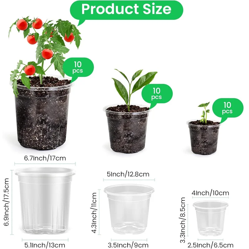 30Bag 4/5/7Inch reinforced transparent nursery pot,With drainage holes,Transparent various packaging plastic flower pots for nur
