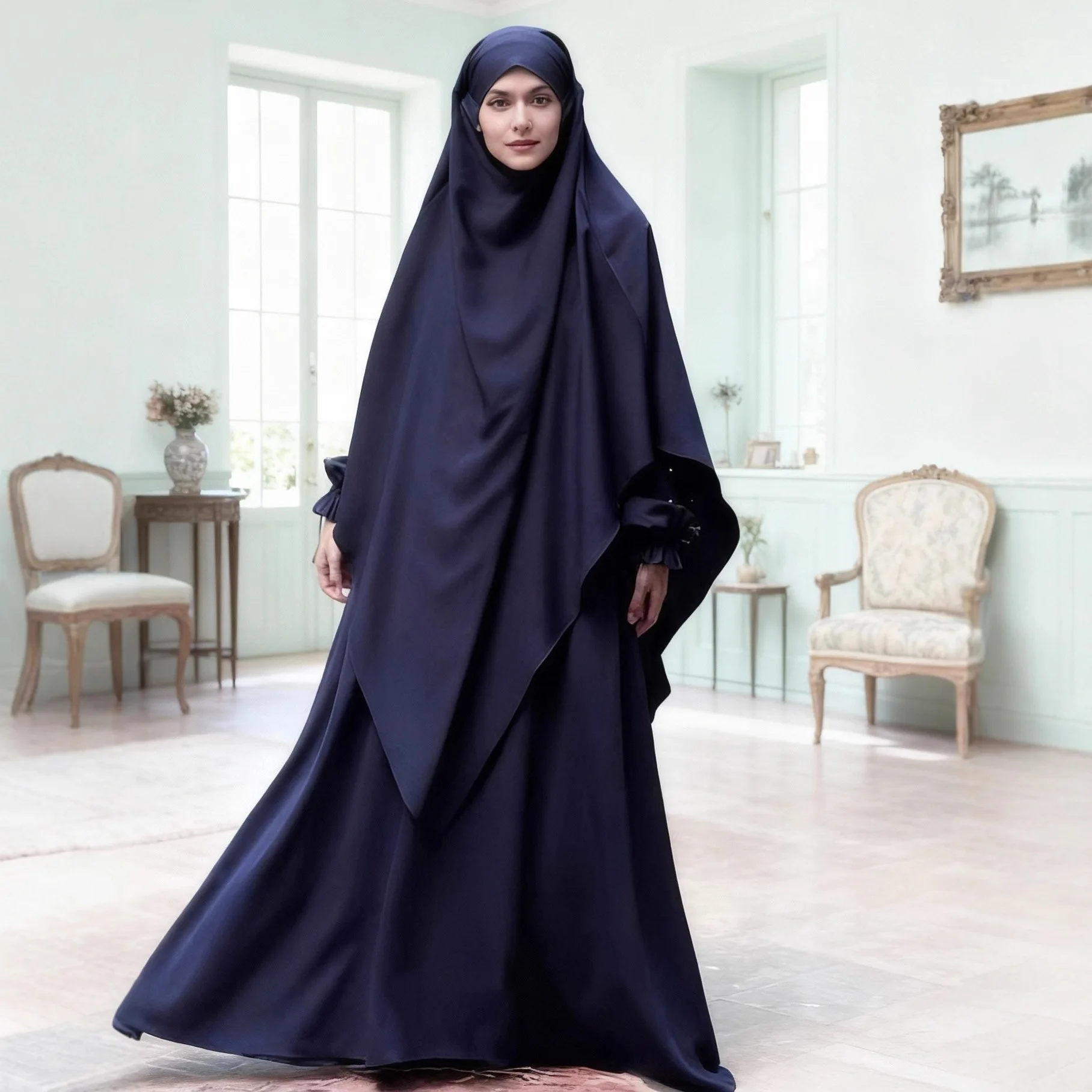 Women Dress with Khimar 2 Piece Set Prayer Garment Pearl Sleeve Party Dress Abaya Eid Muslim Caftan Robe Jalabiya Ramadan Dubai