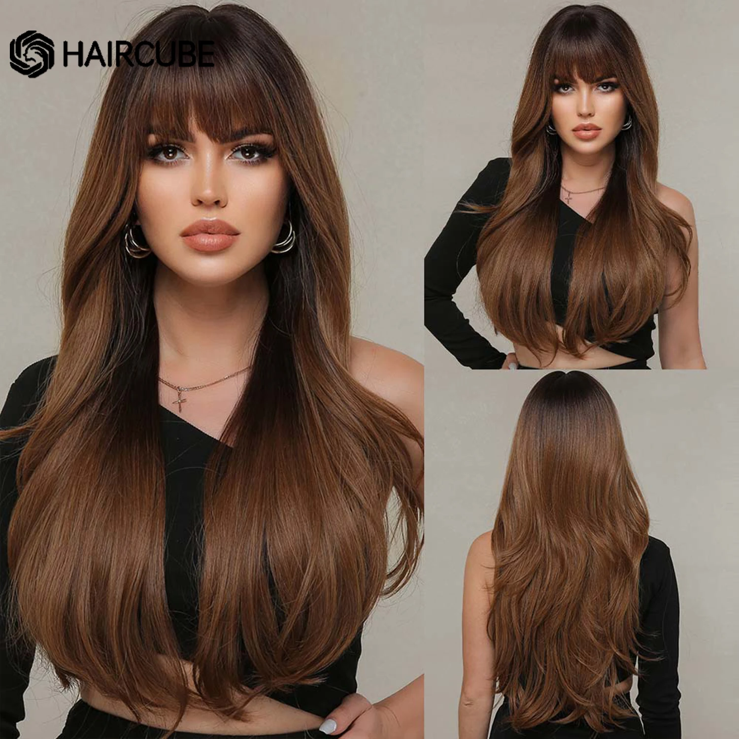 HAIRCUBE Long Wavy Black to Brown Omber Wigs for Women Hair with Bangs Synthetic Wigs Christmas Party Heat Resistant Fiber