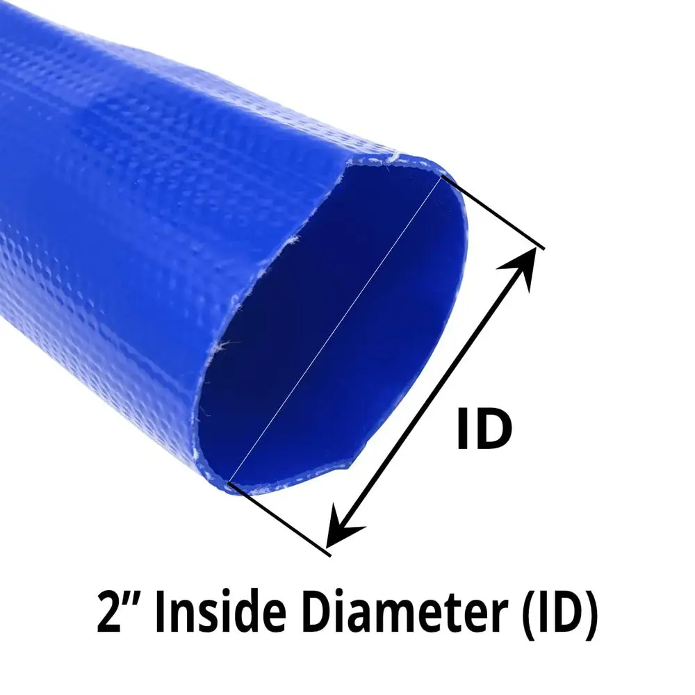 2 Inside Diameter 33 8 Flat Width Blue Lay Flat Hose for Discharge or Backwash Water Transfer Applications, Reinforced PVC, 300