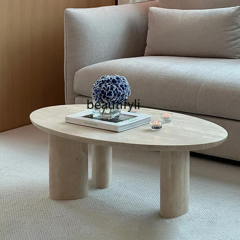 

Natural travertine coffee table household small apartment bed and breakfast living room oval coffee table wabi-sabi minimalist20