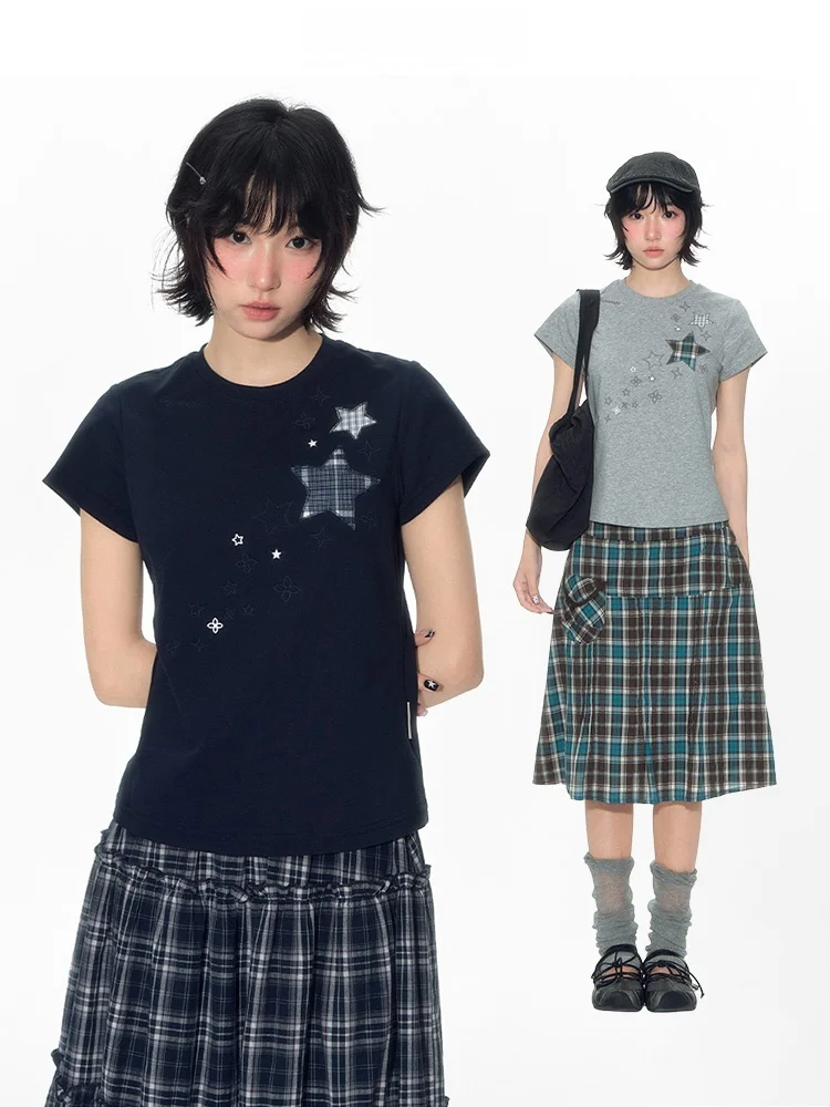 

NAPSNAPS Original Star Embroidery ort Sve round Ne Slim Fit Women's T-irt Casual Sle Cotton Polyester Blend Summer...