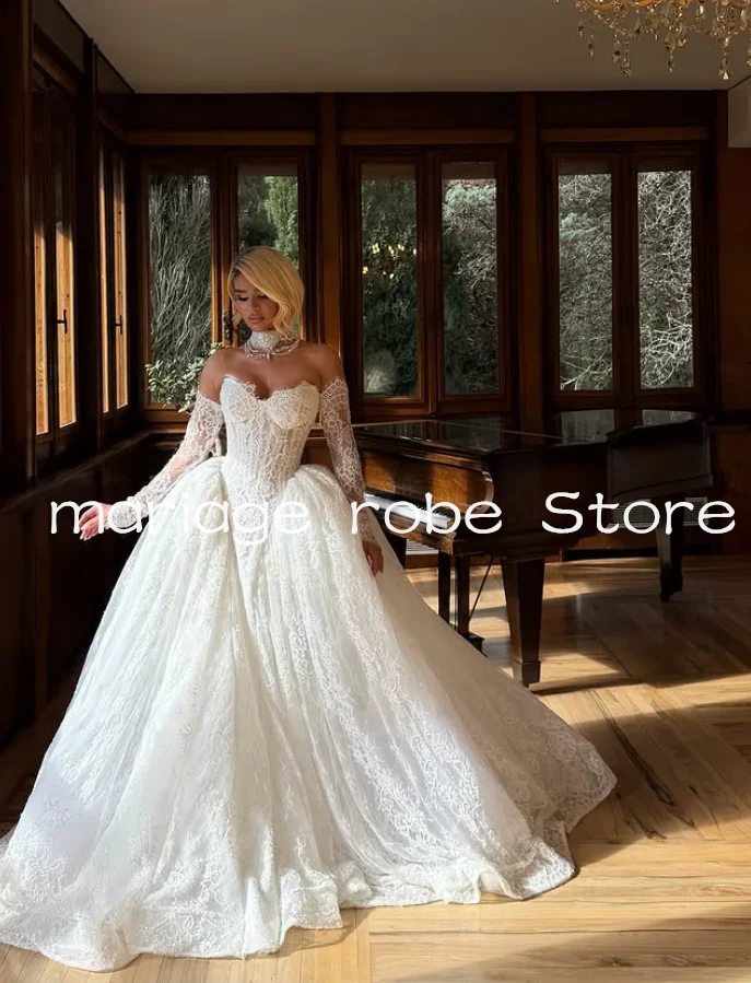 Luxury Princess Church Wedding Dresses with Detachable Train Lace Applique Remove Long Sleeve Bridal Gown Garment Customsized