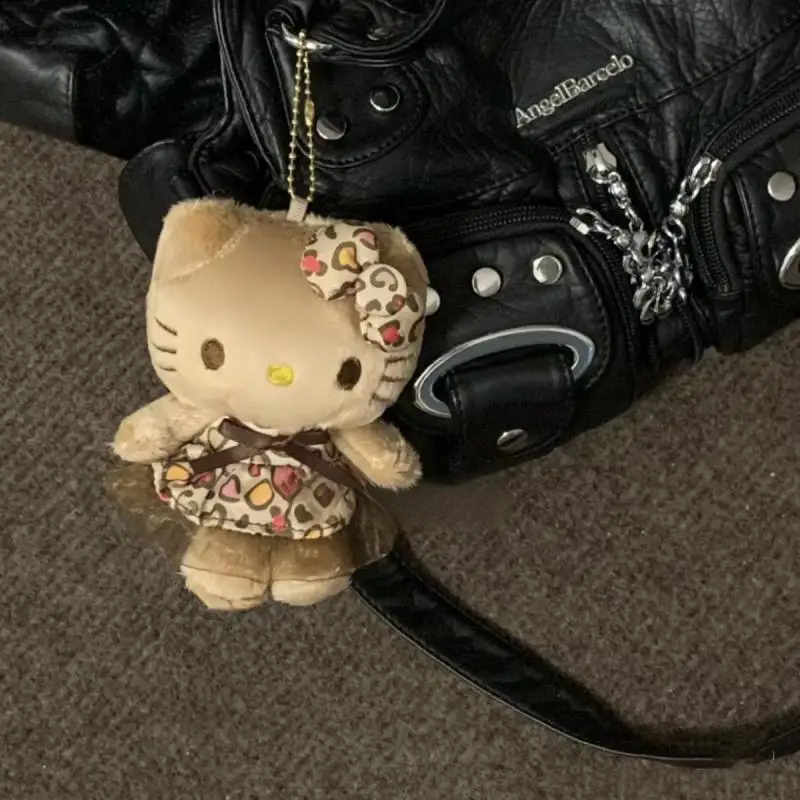 Sanrio Black Skin Hello Kitty Leopard Print Keychain Cartoon Plush Toys Kawaii Backpack Pendant Cute Stuffed Doll Halloween Gift