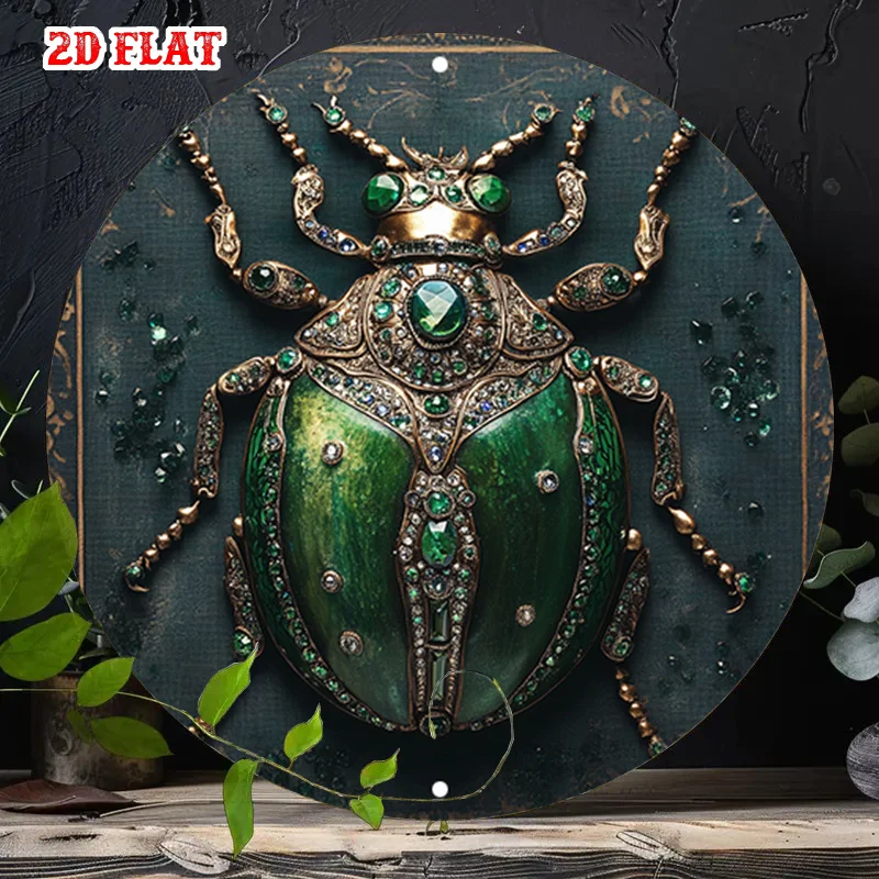 1pc 2D Flat Jeweled Beetle Brooch Metal Wall Art – Round Dark Fabric Poster with Green & Golden Ornate Design, Perfect