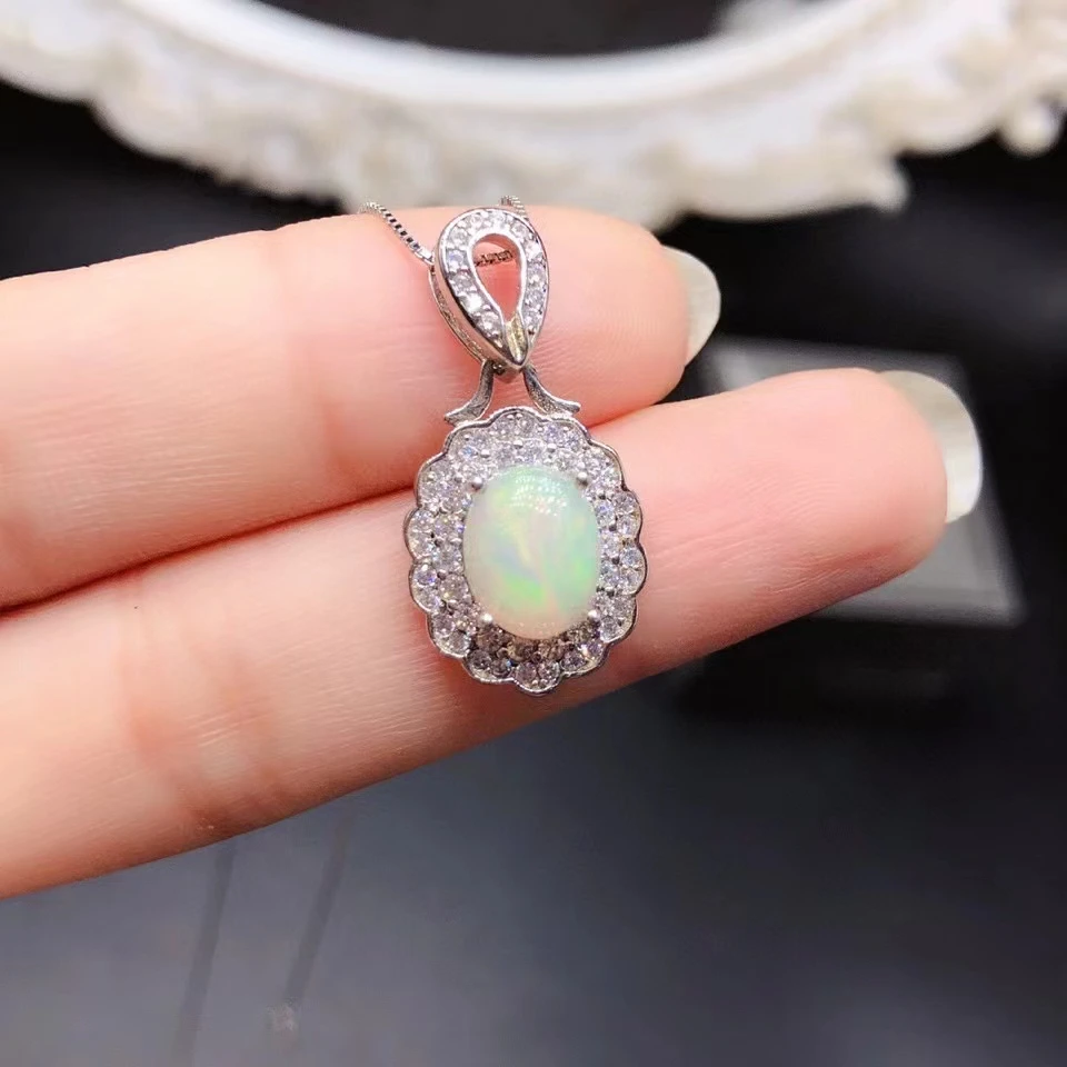 

2ct Natural White Opal Pendant 8mm*10mm Australian Opal Necklace Pendant 925 Sterling Silver Gemstone Jewelry for Daily Wear