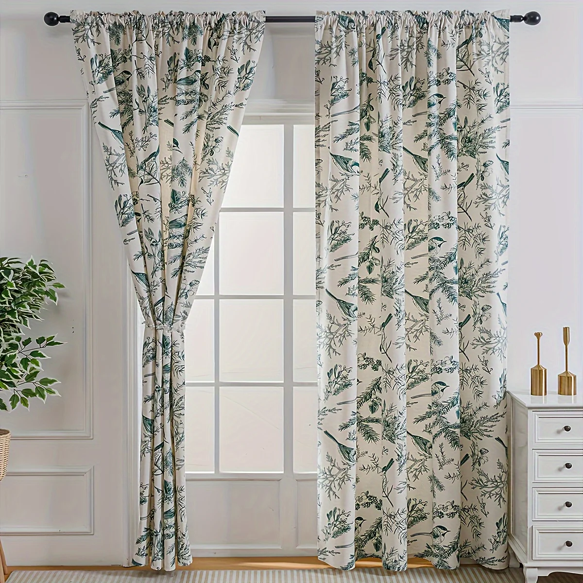 Luxury Botanical Leaf Pattern Curtains Pair for Living Room Boho Window Drapes Greenery Print Summer Home Decor Accent Filter Sc