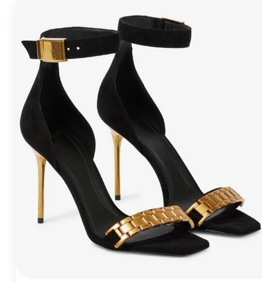 

Square Toe Simple Buckle Gold Stiletto Ankle Strap Chain Strap Silver and Gold Fashion Sexy Sandals Heel Height 10.5Cm