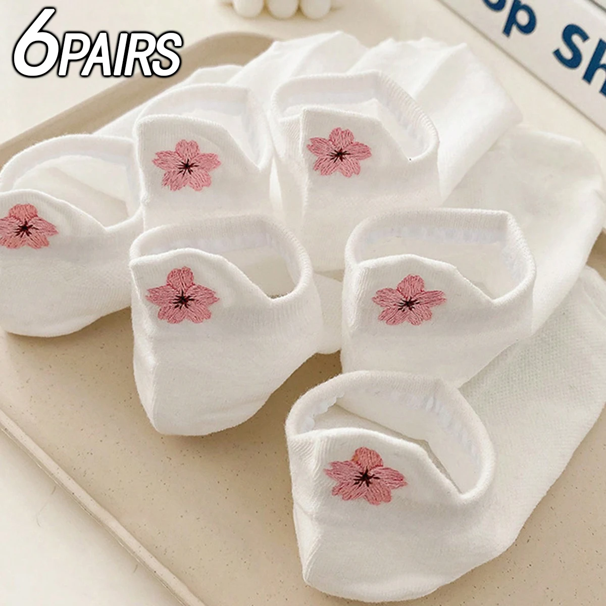 6 pairs of white Ankle Socks with ear pulls, cherry blossom embroidery, breathable, comfortable, moisture-wicking
