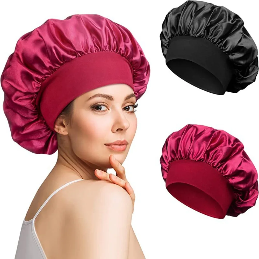 Soft Long Hair Care Bonnet Solid Satin Large Night Sleep Hat Imitation Silk Elastic Edge Wrap Hair Care Hats for Women