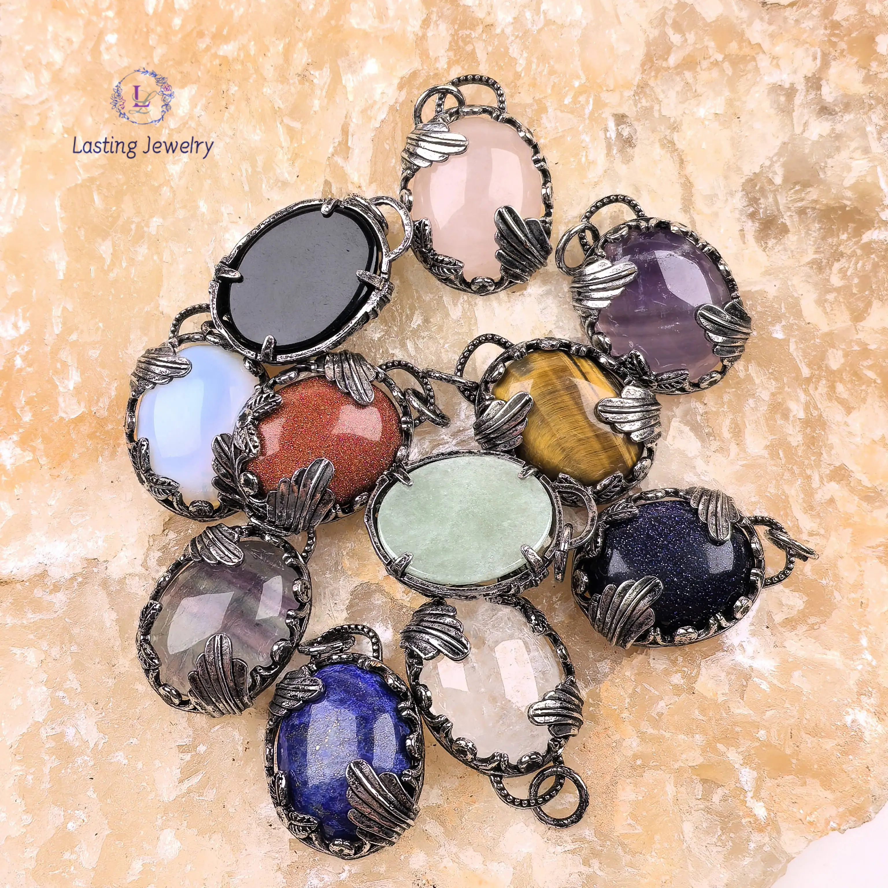 จี้หินธรรมชาติรูปไข่สีเงินโบราณ, คริสตัลบำบัดพลังงานควอตซ์ อเมทิสต์ ฟลูออไรต์ ไทเกอร์อาย สำหรับทำสร้อยคอ DIY