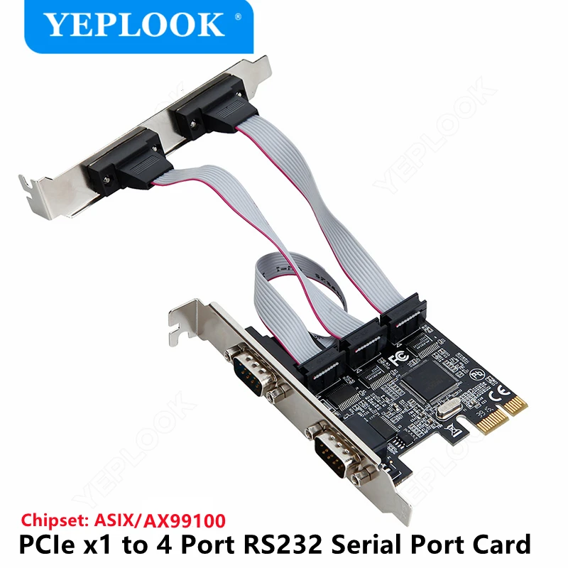 PCIe to 4 Ports DB9 RS232 COM Serial Port I/O PCI-E X1 Riser Card Expansion Adapter Chipset ASIX/AX99100 for Desktop PC Computer