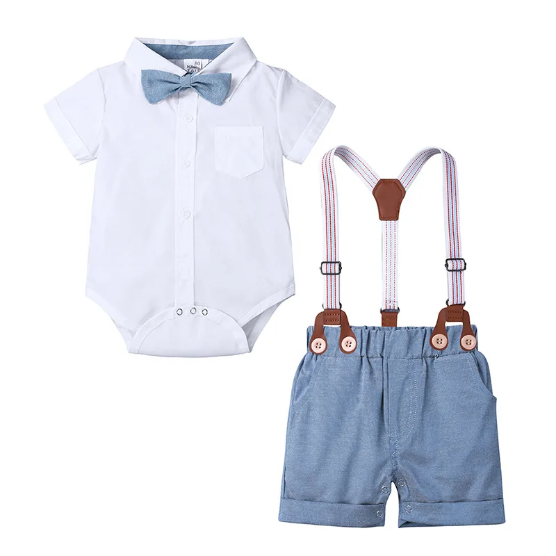 2 Stück Sommer Kleinkind Junge Outfits koreanische Mode Gentleman Krawatte Kurzarm Neugeborenen Stram pler Overalls Shorts Baby Sets BC2375-1