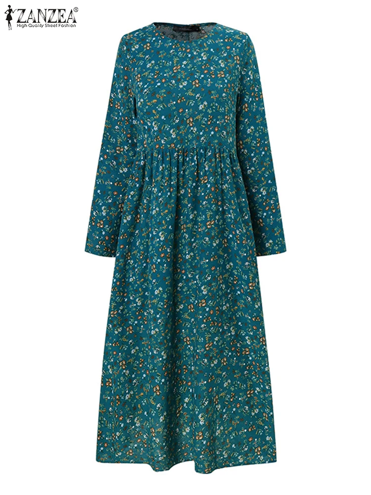 ZANZEA-Robe mi-longue à imprimé floral pour femme, col rond, ligne A, robes éducatives, automne, 2024 coton, 03, manches longues, vacances, adt, décontracté