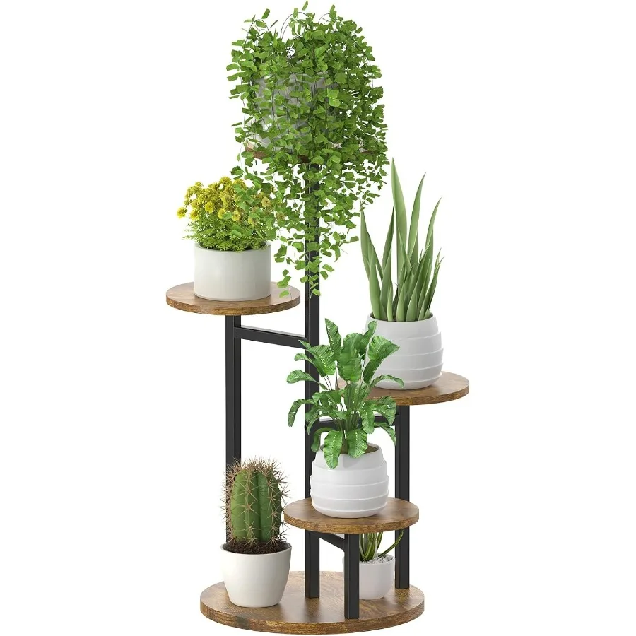 

5 Tier Plant Stand Indoor Metal Wood Flower Holder Heavy Duty Tall Round Multiple Shelf Sturdy Spiral Planter Orchid Display Ra