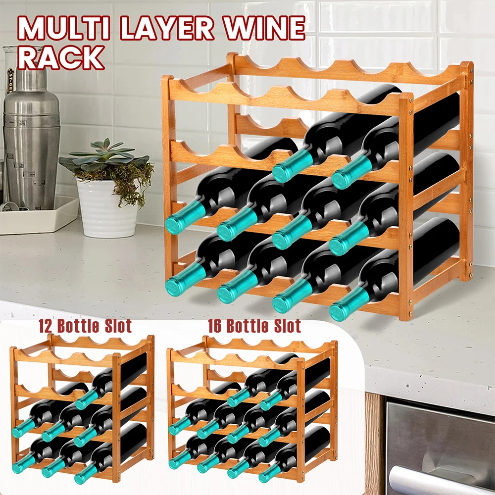 12/16 Bottle Slot Wine Rack Wood 4 Tier Bottle Wine Storage Rack Compact Counter Wine Display Shelf for Bar Kitchen Dining Room