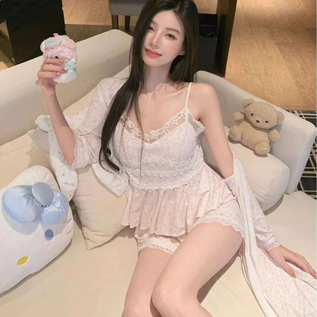 

3PCS Pajamas Set Lingerie Women Lace Bathrobe Pyjamas Suit Spring Summer Female Rayon Sleepwear Nightwear Home Clothes
