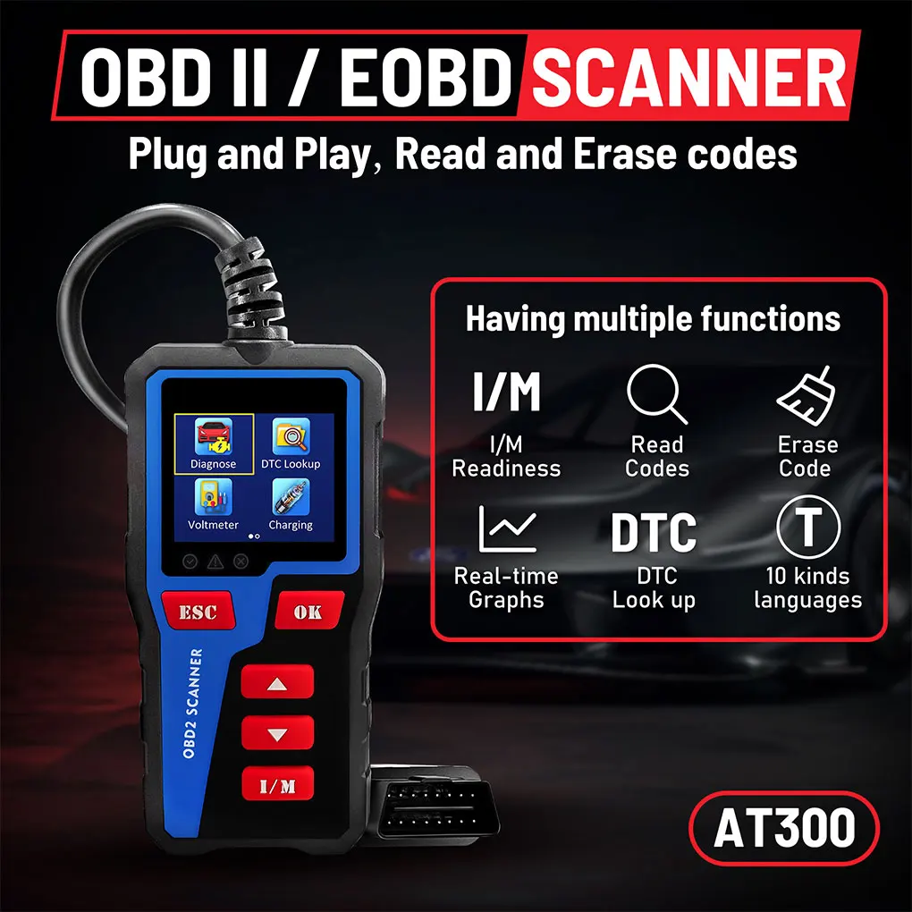 AT300 Car Code Reader OBD2 Car Code Scanner Check Engine Light Fault Code Reader Scanner CAN Diagnostic Tool for All OBDII