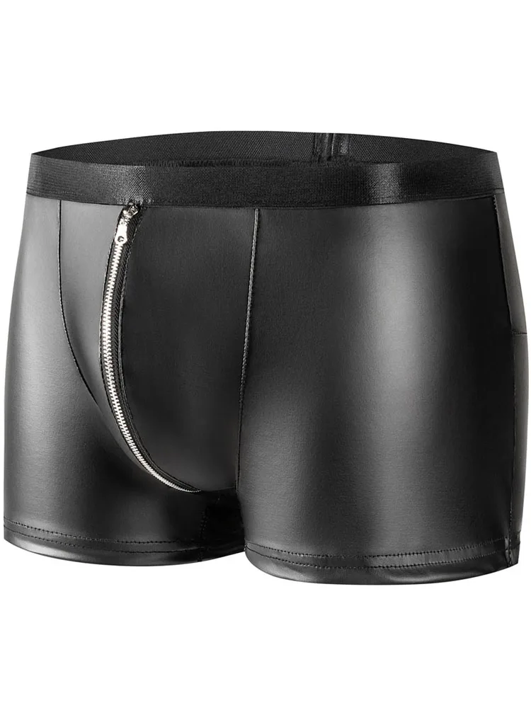 S-5XL Zipper Open Crotch Boxer Shorts Faux PU Leather Convex Pouch Mens Boxershorts Calzoncillos Swimming Trunks Sexy Unerwear