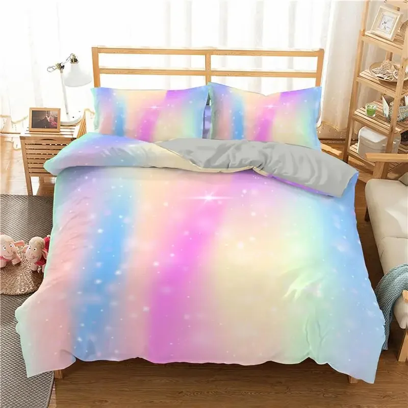 Rainbow Duvet Cover Set for Girls Rainbow Star Bedding Set Girly Glitter Double Queen King Size Soft and Comfortable Quilt Cover