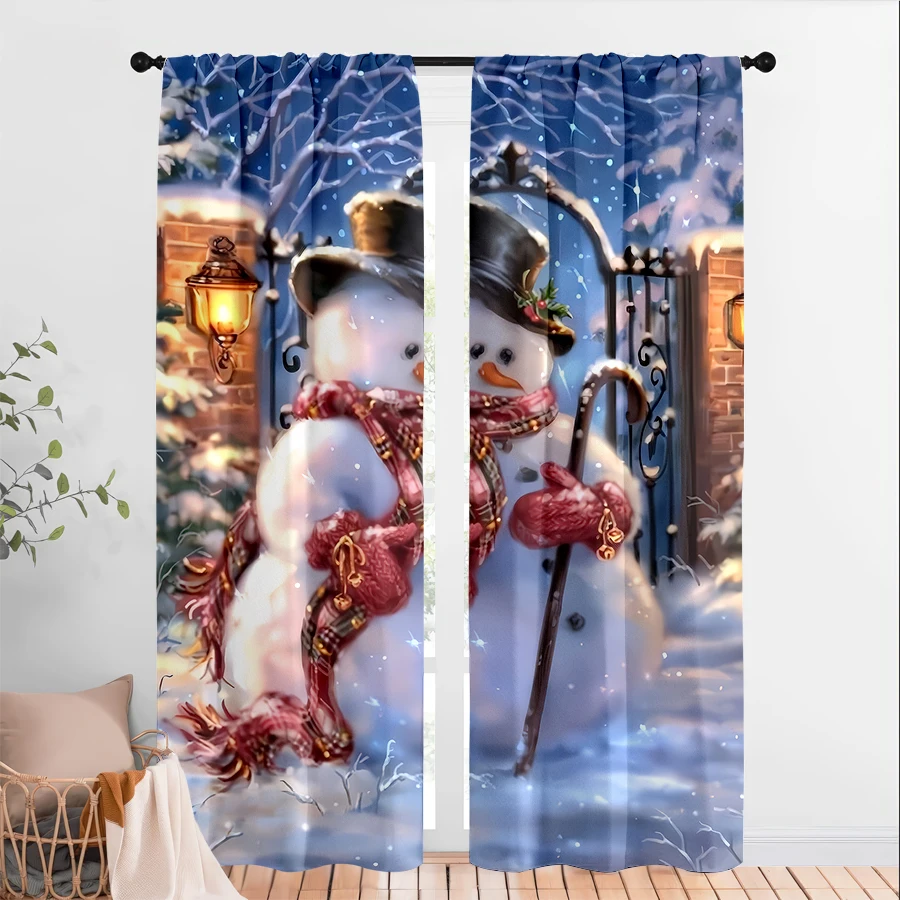 2PCS Christmas Winter Curtains, Snowman Hat Scarf Iron, Digital Print, Bedroom Living Room, Rod Pocket Polyester, Home Decor