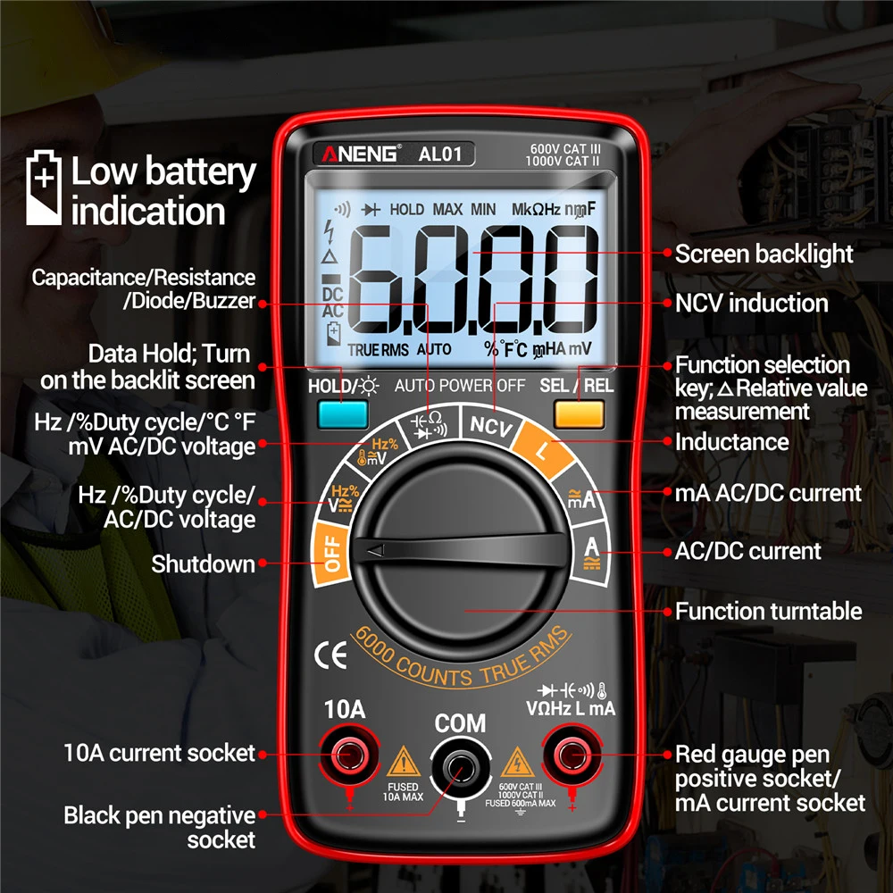 AL01L Maximum count 6000 AC/DC inductance NCV handheld voltage current resistance high precision multimeter without battery