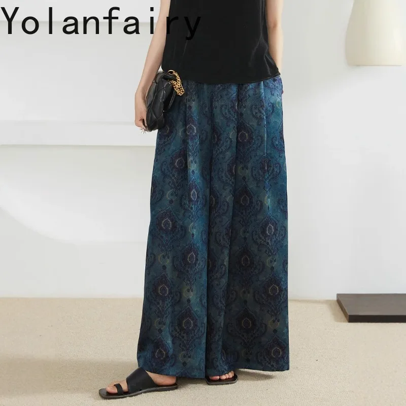 YOLANFAIRY High-end 100%Mulberry Silk Pants for Women Print Gambiered Casual Trousers Elastic Waist Loose Wide Leg Pants 2026