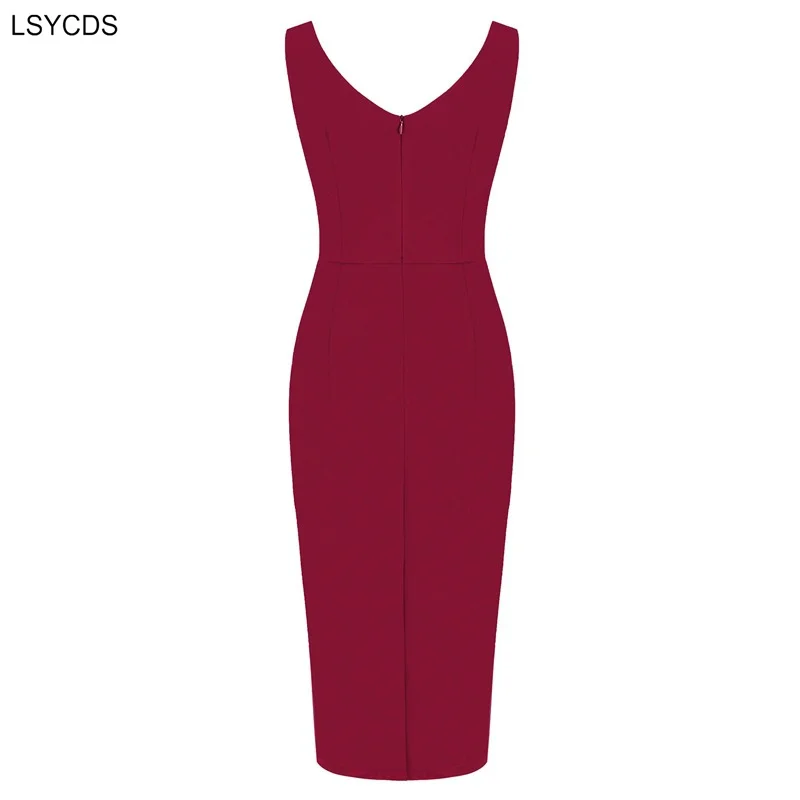 LSYCDS Women Sweetheart Neck Sleeveless Office Midi Pencil Dresses 2024 New Vintage Red Solid Elegant Slim Bodycon Party Dress