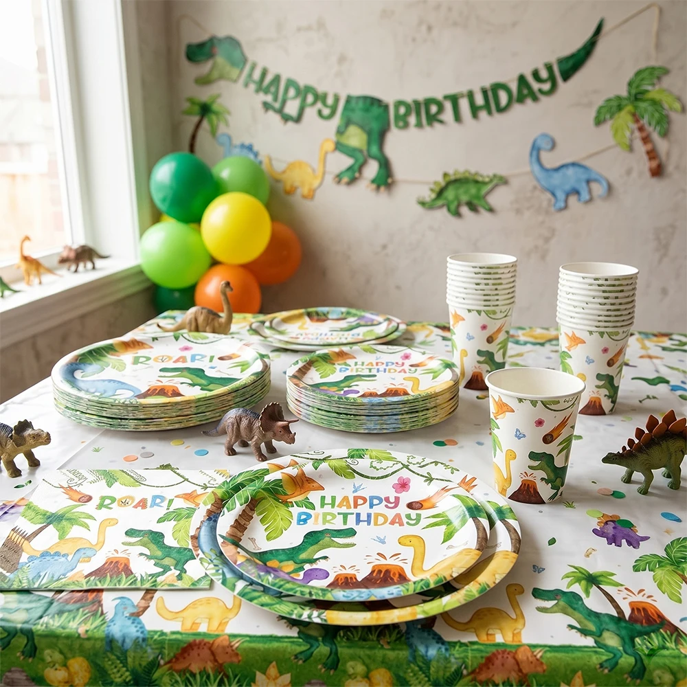 Dinosaur Birthday Decoration Tableware Paper Plates Napkins Cups Banner Tablecloth Balloons Kids Boys Jungle Dino Party Supplies