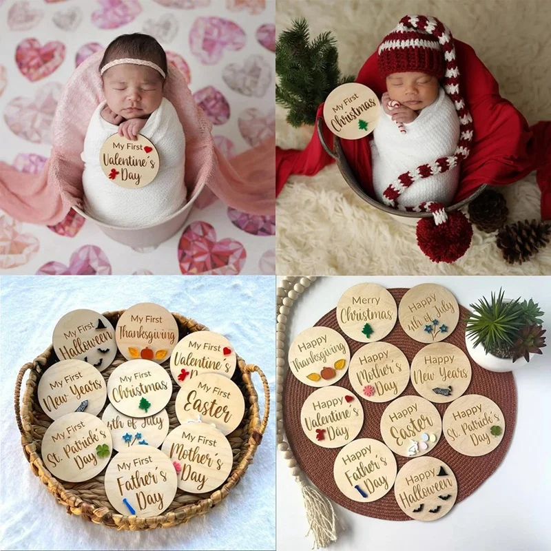 10 Pcs Baby Holiday Milestone Cards Decoration Set Rustic Wooden Baby Months Signs Ornaments Newborn Photography Prop Durable B