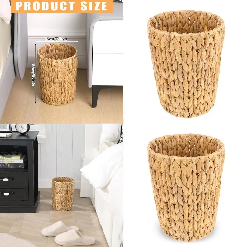

Handcrafted Water Hyacinth Waste Basket, Bohemian Style Decorative Trash Can for Home & Office
